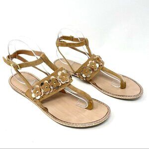 * Mila Paola Tan Nubuck Leather Floral Appliqué Toe Post Sandals Size 10